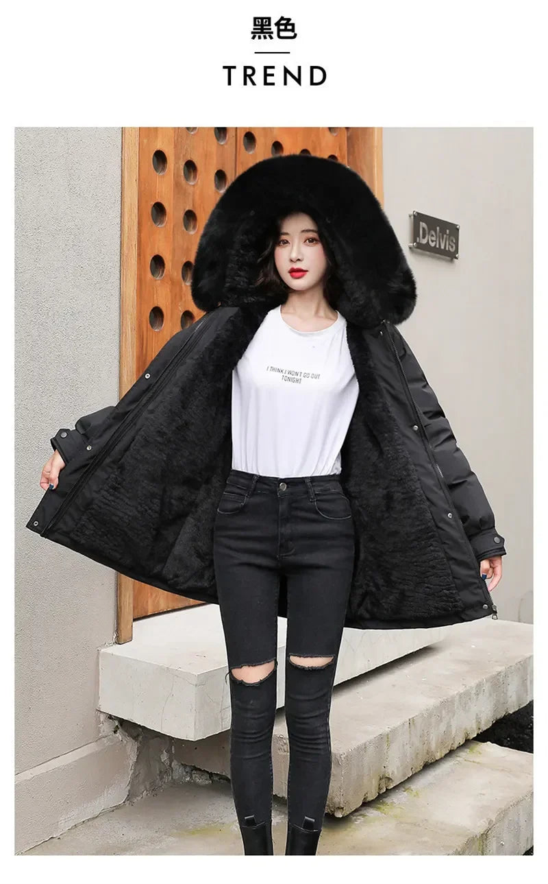 Winter Coat Low Price On Sale Women Beige Add Wool Thick Warmth Fur Hooded Parkas Jacket 2026 New Fashion Belt Slim Cotton Coat