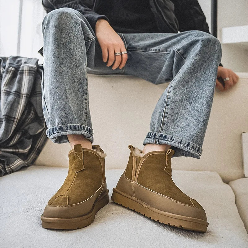 Women's Thick Bottom Mid-Calf Snow Boots Fur Lined Warm Synthetic Leather Rubber Sole Winter Shoes Two-Way Wear Korean Style