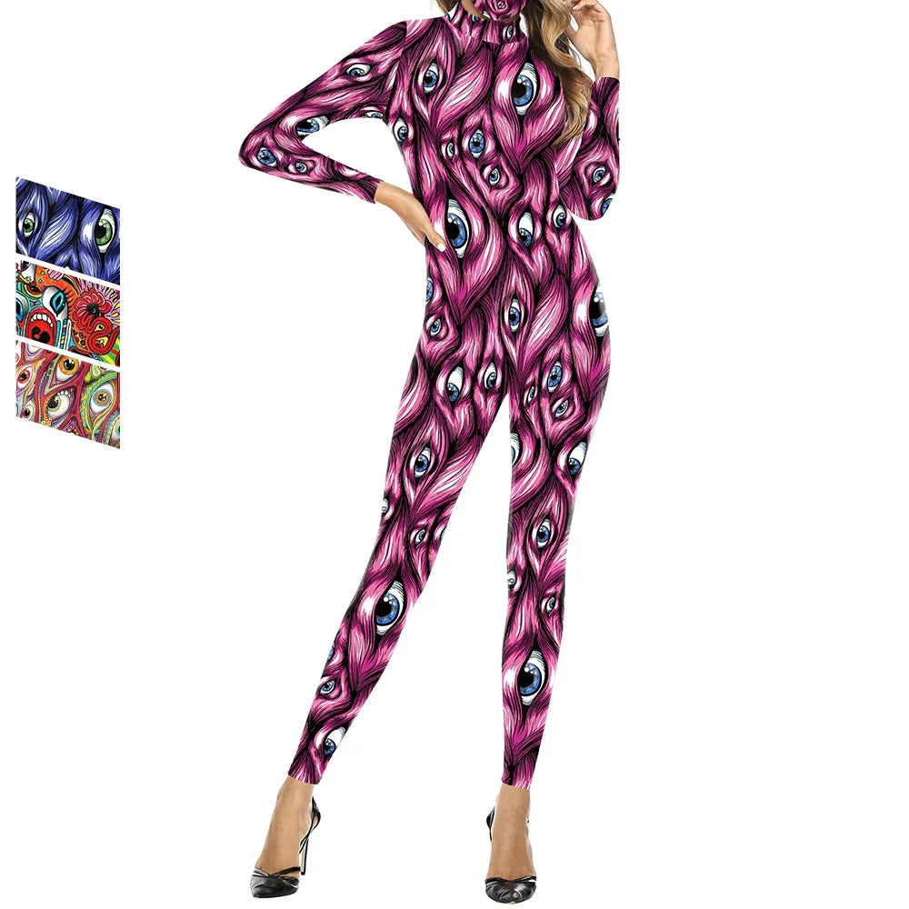 Halloween Jumpsuit Women Carnival Eye 3D Print Cosplay Costume Female Bodysuit Funny Holiday Party Stage Performance Outfits