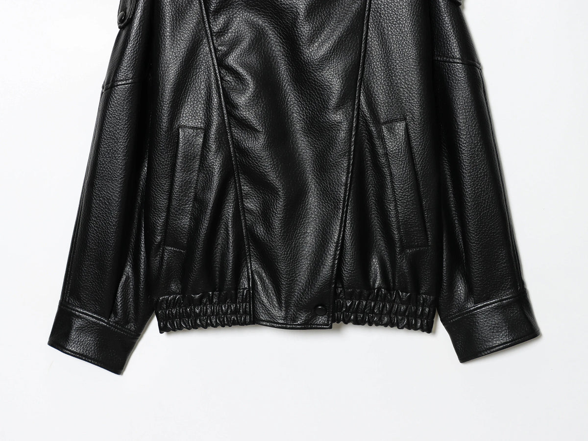 Women's Jacket New Black Long Sleeve Faux Leather Jacket Motorcycle Style Personality Fashion button and Zipper closure traf