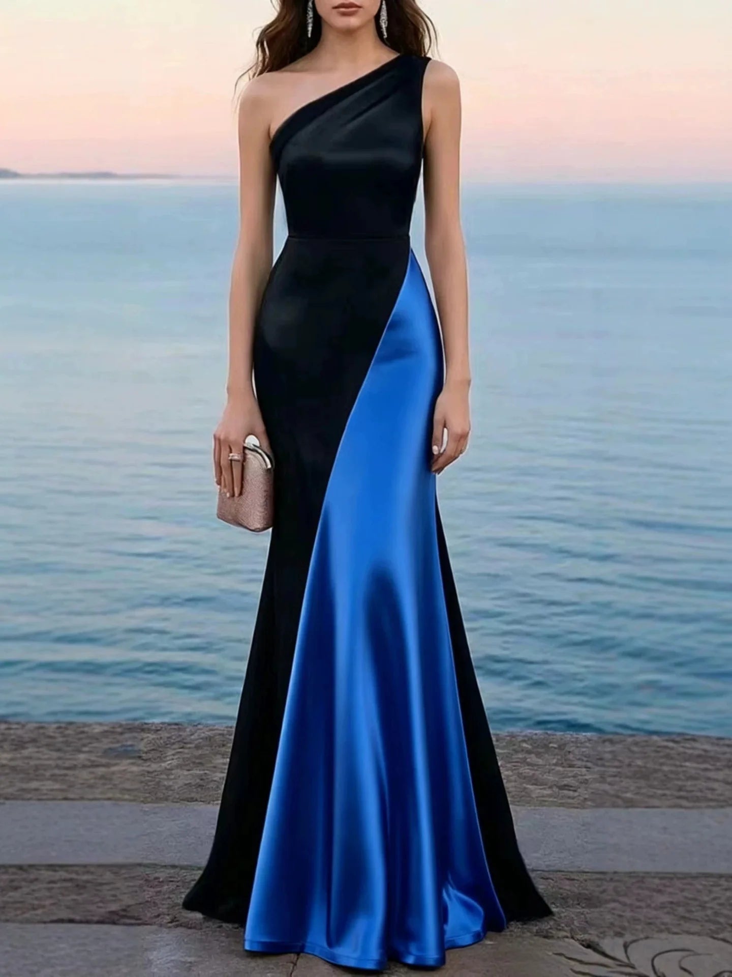 Women Luxury Satin One Shoulder Long Dress Black Red Patchwork Bodycon Mermaid Gown for Birthday Cocktail Wedding Guest Evening