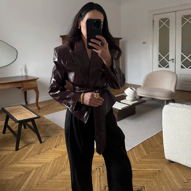 Glossy Lace-up Leather Jackets 2026 Autumn Female Lapel Shoulder Pad Full Sleeve Short Coat Women's Slim Waist-cinching Outwear
