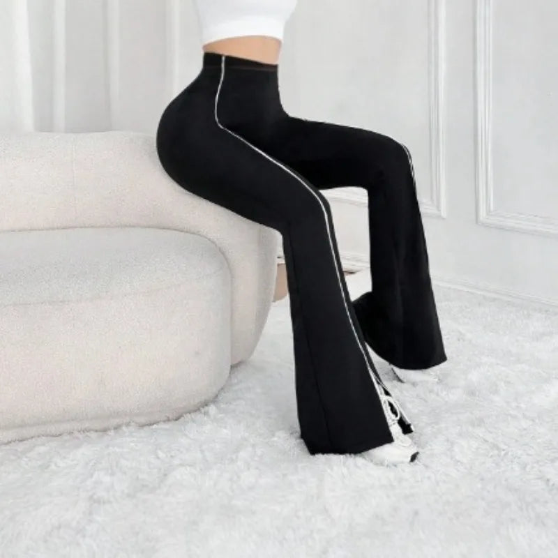 Line splicing simple flared pants for women slim split pants high elasticity hip lifting high waist running fitness yoga pants