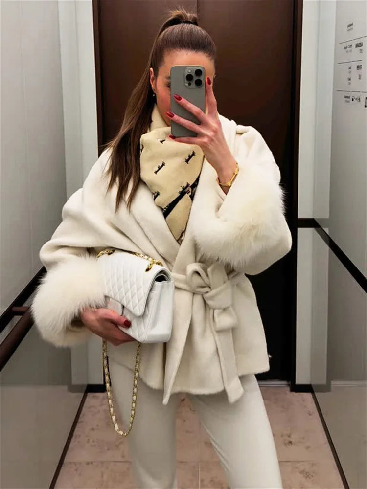 Tossy Fox Fur Wool Overcoat Women's Short Coat Office Lady Elegant Double-sided Woolen Coat 2025 New Cardigan Jackets Loose Wool