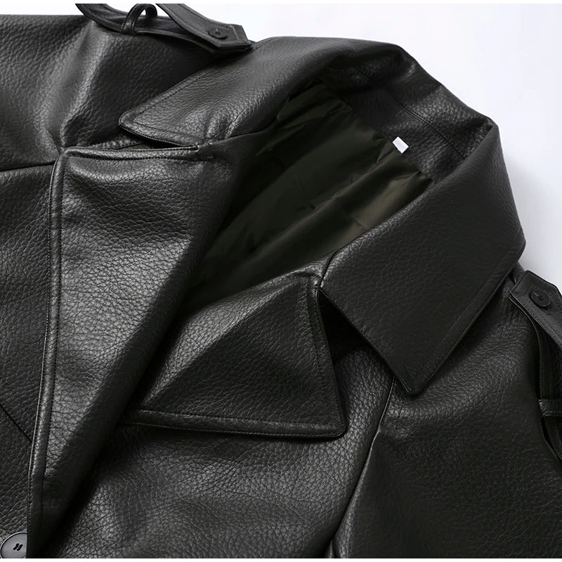 Double Breasted Lace up Long Leather Coat Woman Long Sleeves Loose Solid Color Casual Jackets Street Women's Early Autumn Coats