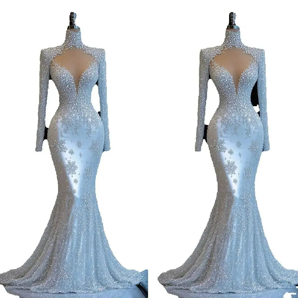 Graceful Blue Mermaid Evening Dress With V-Neck Lace Sequins Princess Full Sleeve Customized Vestidos De Novia
