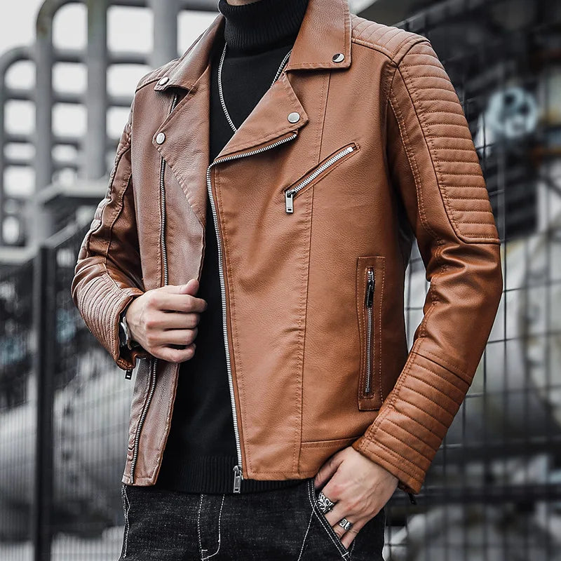 Male Slim Fit Pu Leather Coats Mens Motorcycle Jackets Black Outwear Leather Coats Man High Quality Business Leather Jacket