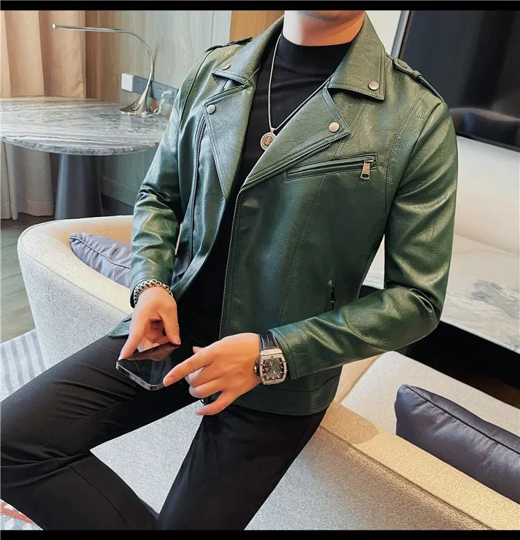 Men High Quality Faux Leather Jacket Vintage Oblique Zipper  Slim Fit Motorcycle Outwear Male Autumn Winter PU Leather Coats
