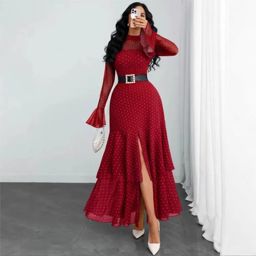 2026 Long Sleeves Evening Dress Dresses For Woman Party Wedding Temperament Sexy Slim Banquet Slit Printed Fashion Ruffles Slim