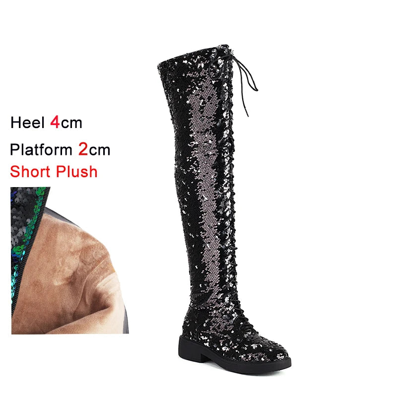 Lowheel Boots For Women Autumn Winter Thick Heels Over-knee-high Boots Shiny Sequined Club Dance Shoes Lace Up Thigh High Boots