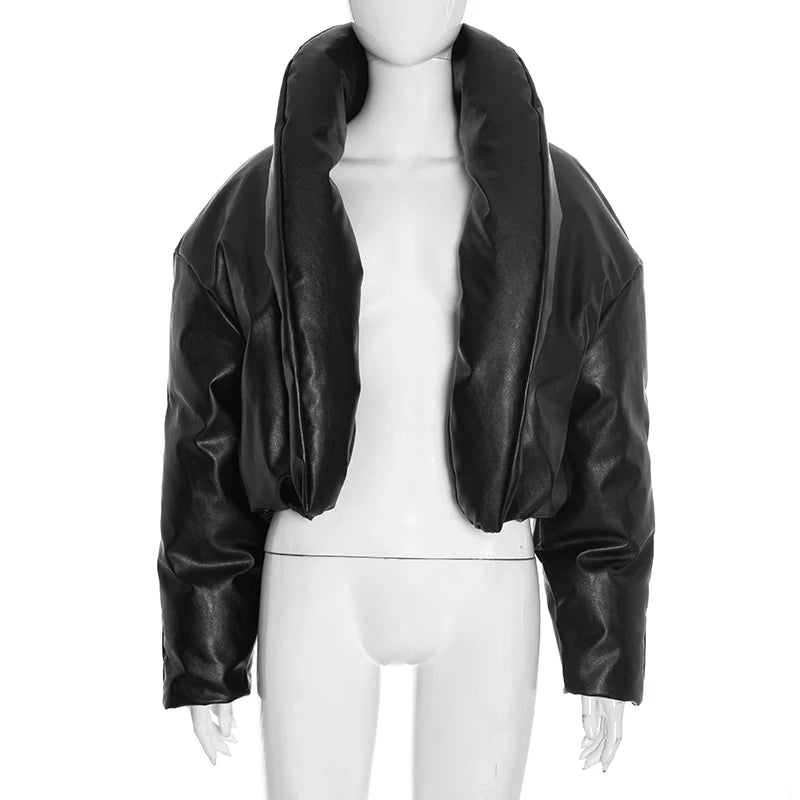Kliou Faux Leather Puffer Coats Woman Winter Warm Trend Stand Collar Full Sleeve High Street Casual Fashion Style Crop Jacket
