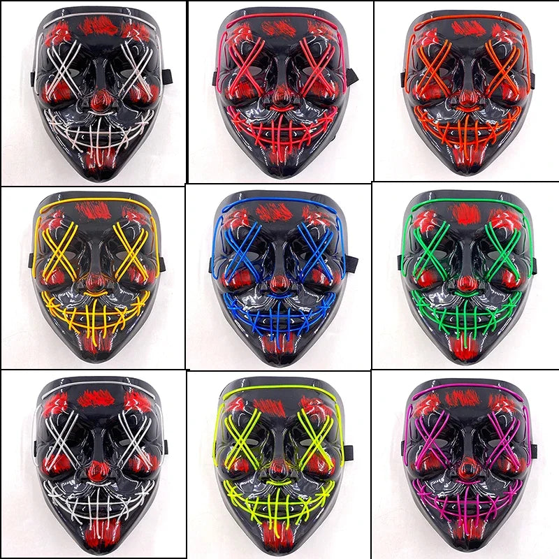 Wireless LED Neon Purge Mask & Fiber Optic Gloves, Scary Glow In Dark Mask for Halloween Carnival Cosplay Bar Birthday Party