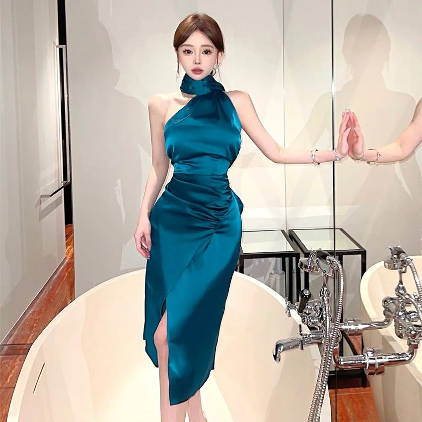 Summer Korean Fashion Sexy Club Robe Women's Sleeveless Irregular High-slit Bodycon Dress Elegant High End Party Evening Dress