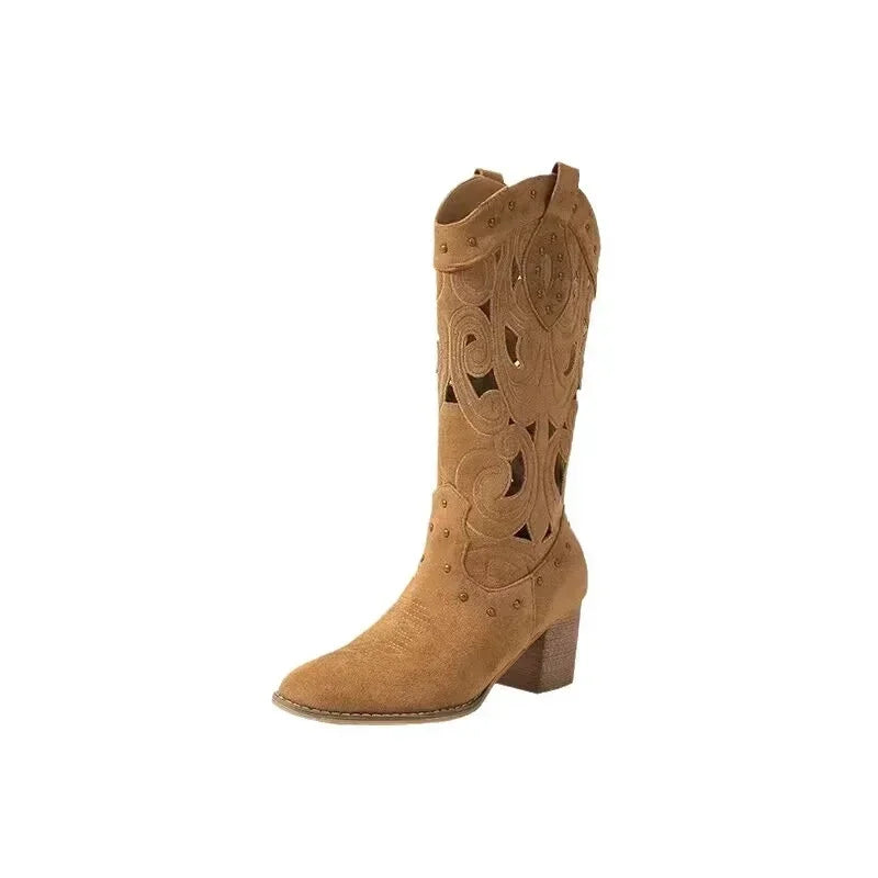 Women Mid-Calf Western Boots Heels Embroidery Hollow Cowboy Boots for Women  Autumn Winter Fashion PU Leather Botas Mujer 2024