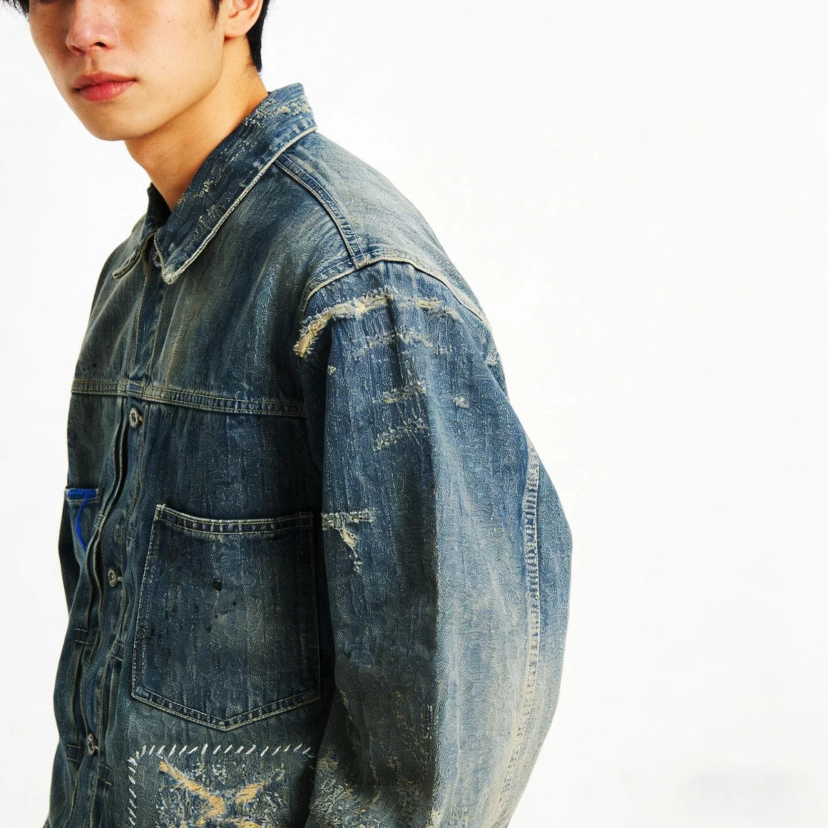 Vintage Washed Denim Jacket Loose Fit Short CleanFit Men's Jeans Coat Casual Style Button Closure Long Sleeve Cotton Jacket