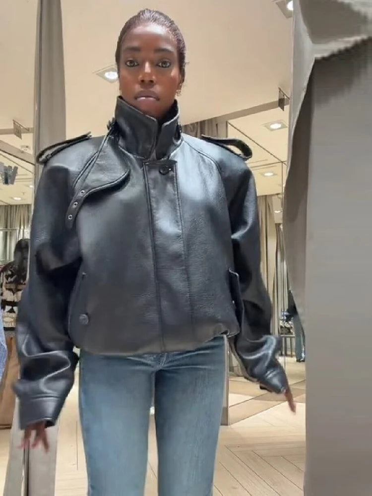 Vintage Black Faux Leather Moto Jacket Women Stand High Collar Design Oversized Cropped Biker Coat Street Fashion Outerwear 2026