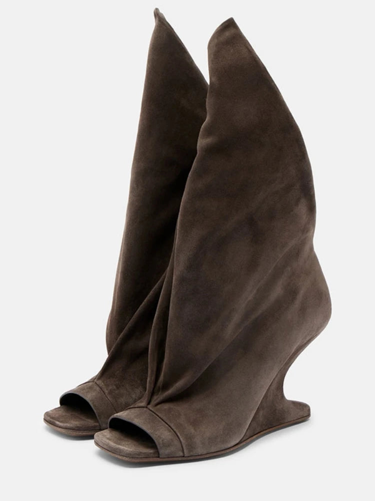 Runway Style Women Peep Toe Tall Boots Sculptural Wedge Heel Draped Pleated Upper Trendy Evening Statement Fashion Footwear
