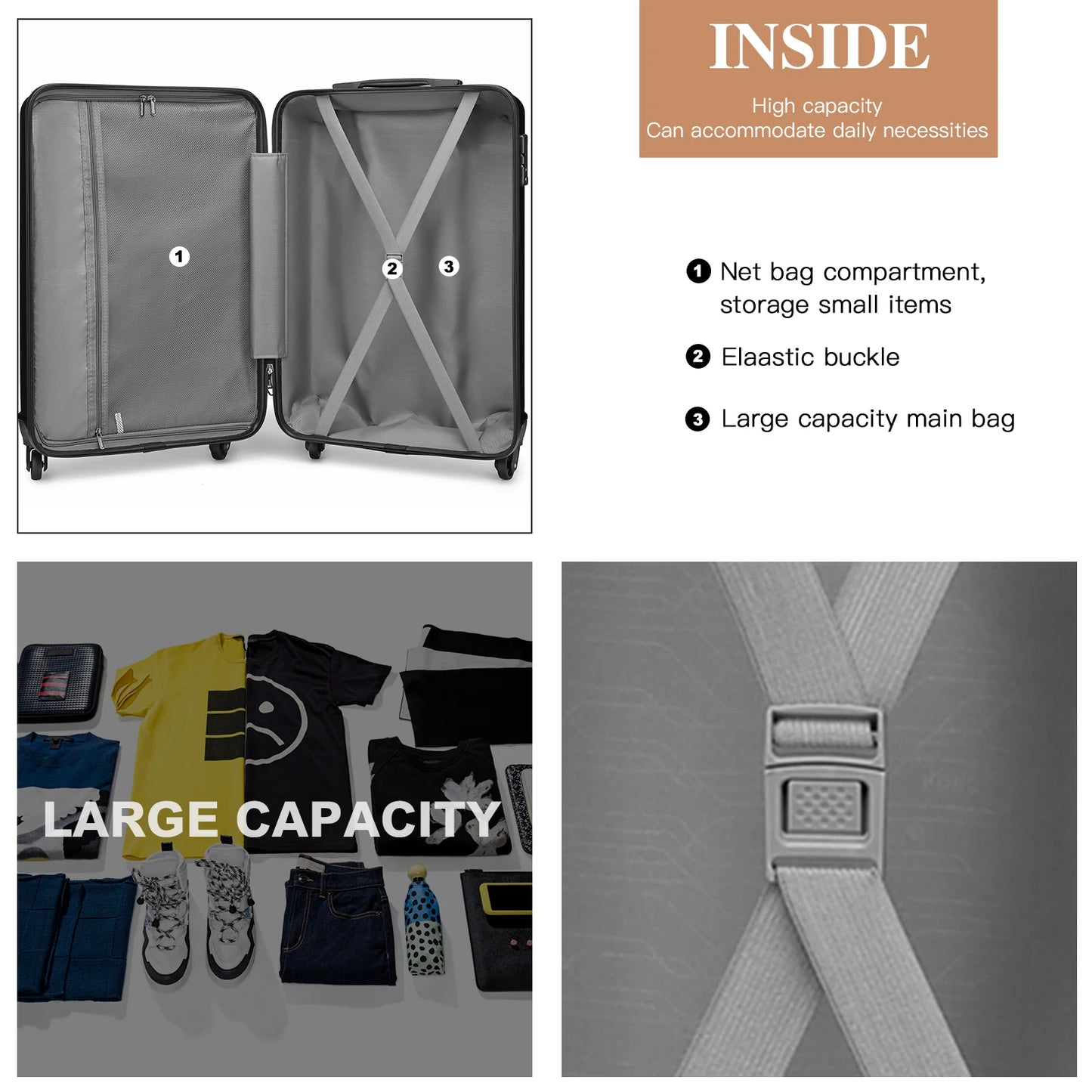 KONO Hardshell Case with 4 spinner wheels and number combination lock, light suitcase, hand luggage, 55/66/75 cm