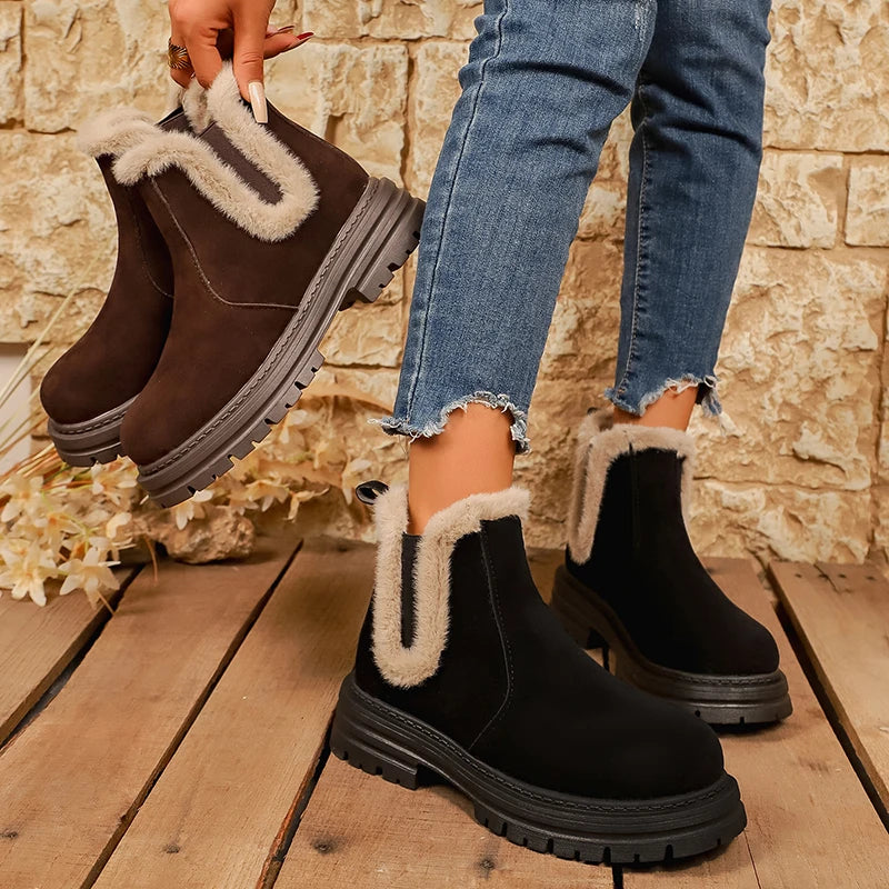 Thick Sole Fur Winter Ankle Boots Women 2026 Slip On Non Slip Plush Short Booties Mujer Plus Size 43 Platform Suede Boots Female