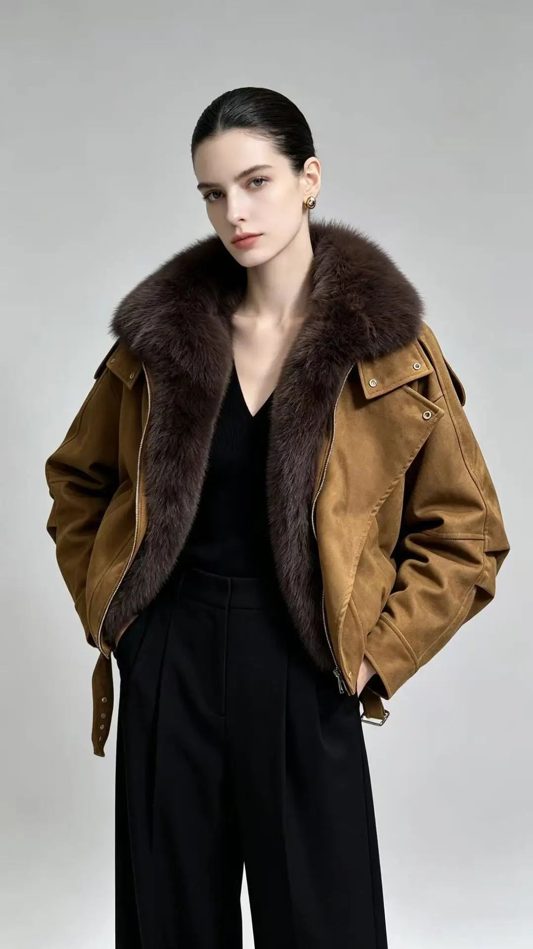 New winter style short down jacket with fox fur collar, high-quality fashion suede jacket, loose fit, thick and warm fur coat.