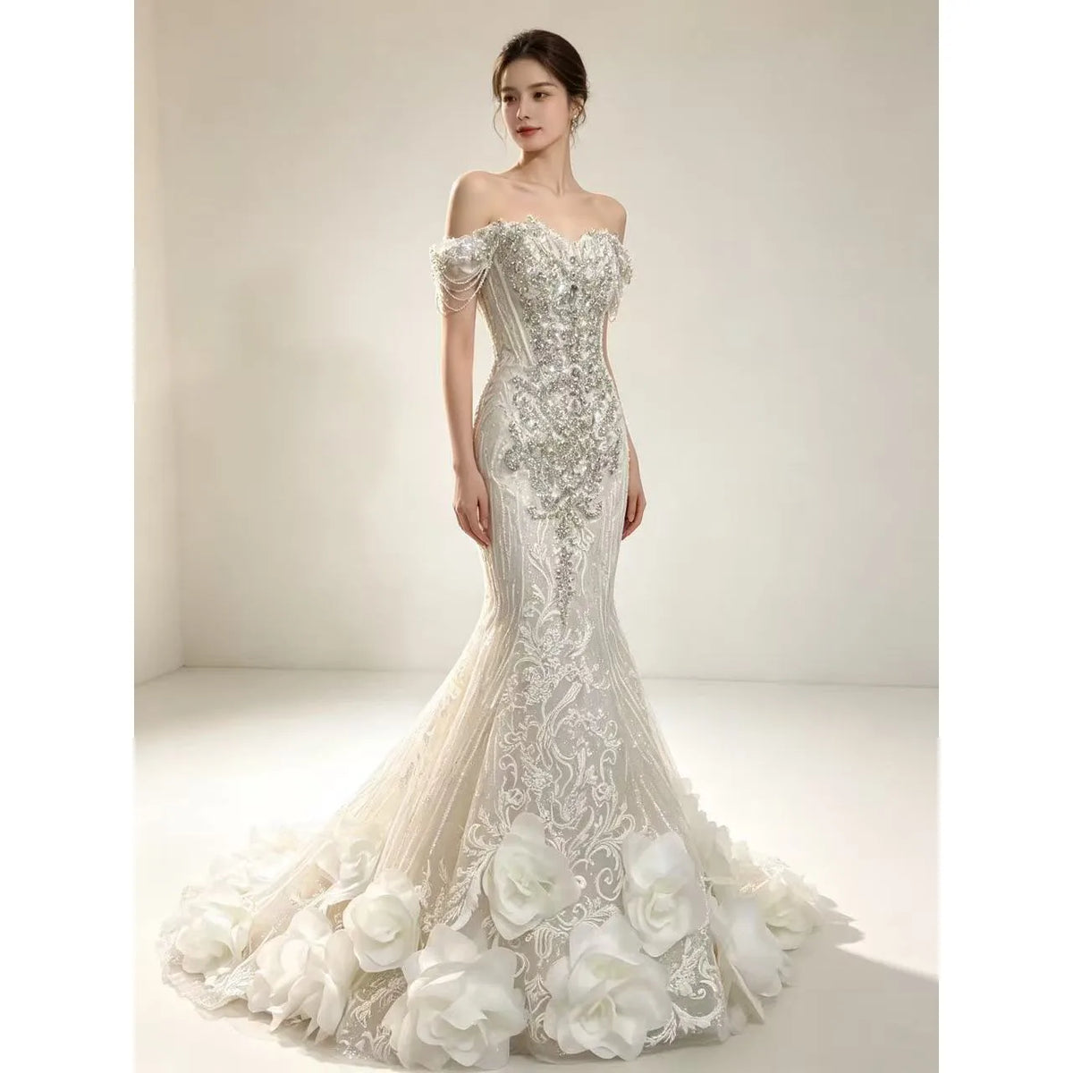 Saudi Arabia Wedding Dress Luxury Bridal Gowns Off the Shoulder Lace-up Back Major Beading with Crystal Sequins Tulle Real Pics