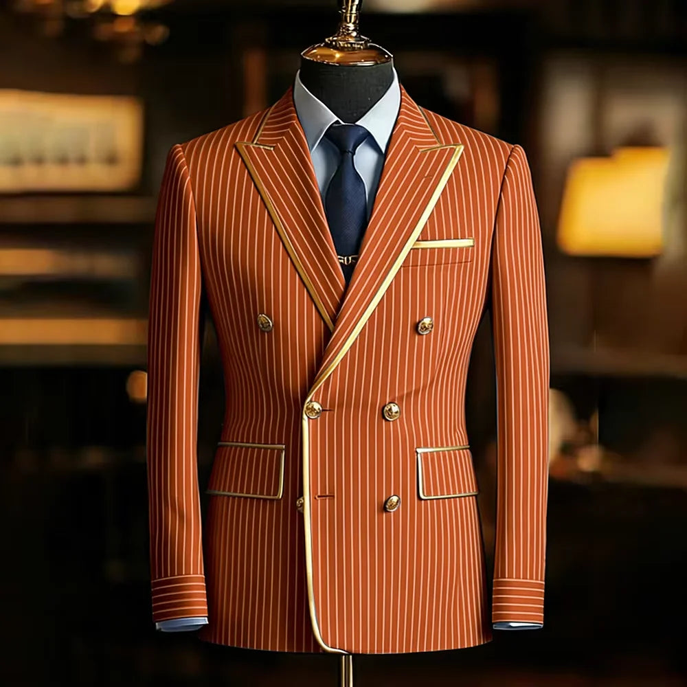 Men's Pinstripe Blazer Double Breasted Slim Fit Peaked Lapel With Gold Trim Formal Suit Jacket  For Groomsman Wedding Prom Hot