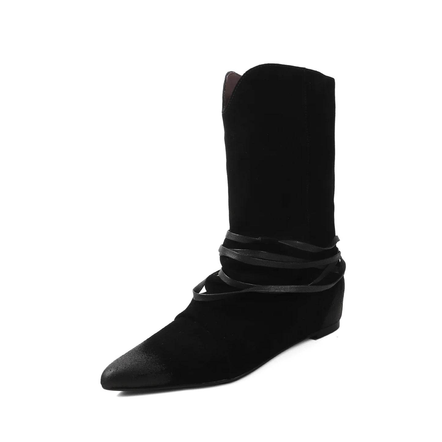 Arden Furtado Autumn Cow Suede Increased Internal Western Boots Pointed Toe Pleated Slip-On Middle Ankle Strap Short Boots