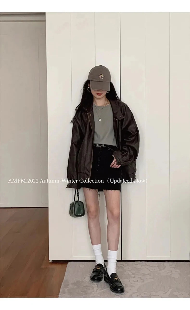 Lautaro Autumn Cool Brown Oversized Leather Jacket Women Drop Shoulder Long Sleeve Zippper High Quality American Retro Clothing