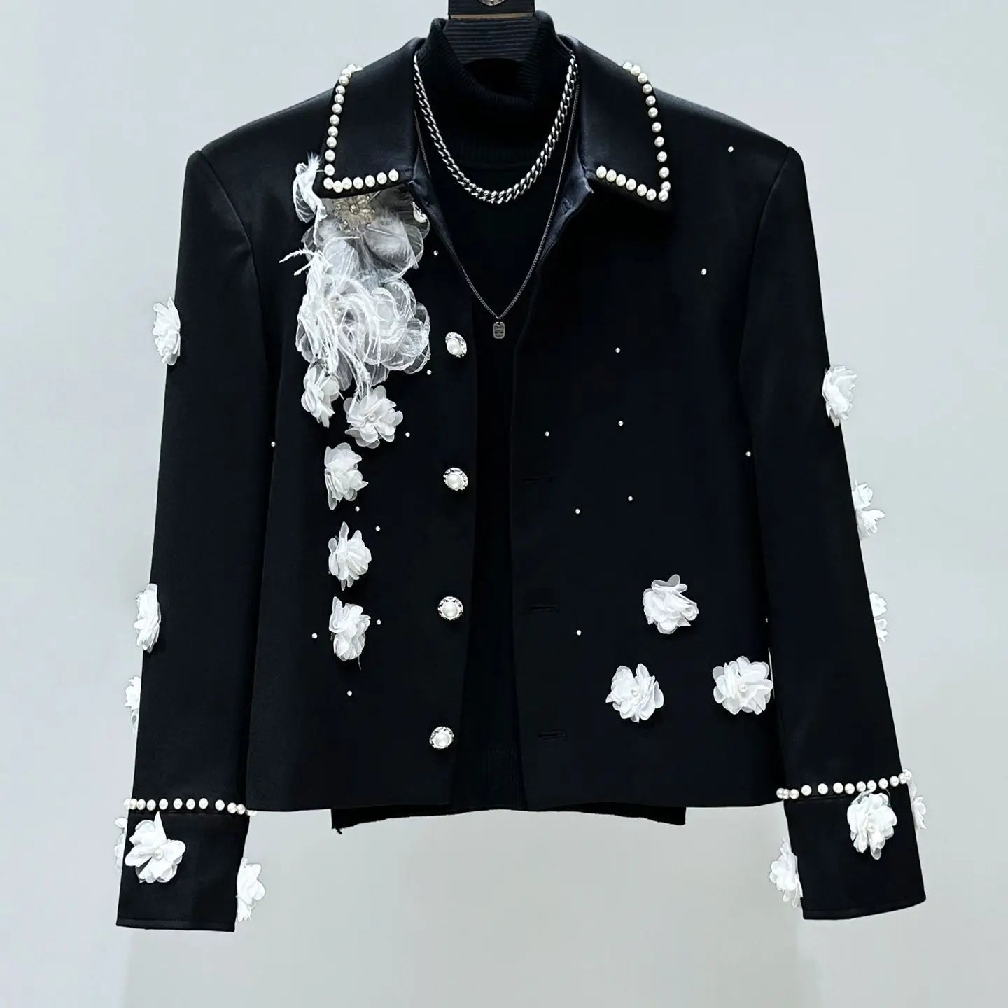 Premium Exquisite 3D Pearl Short Jacket UNISEX Autumn Korean Style Edgy Floral Top with Unique Heavy-Duty Craftsmanship