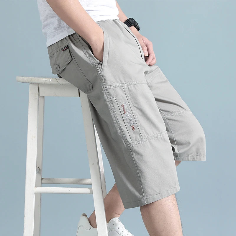 Zipper Pocket Workwear Shorts Mens Knee Cargo Pants 2026 Summer Cotton Shorts Men Climbing Jogger Elastic Waist Sports Work Wear