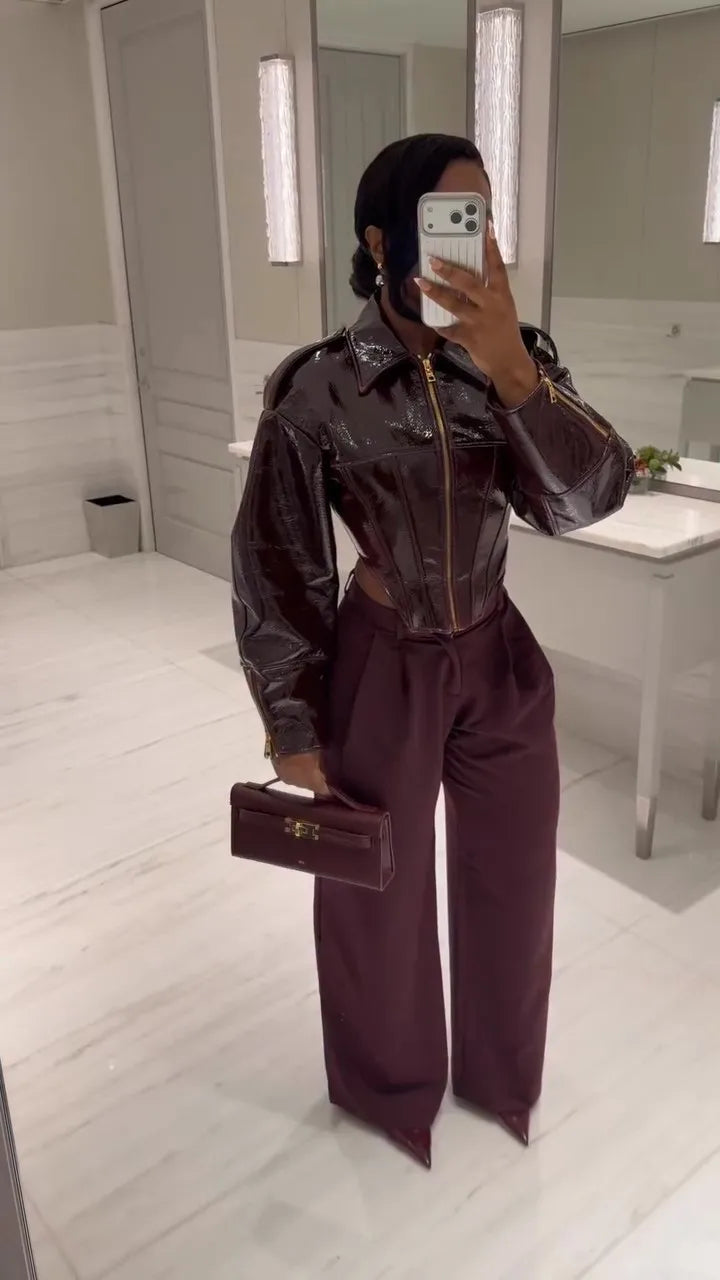 Fashion Coated Cinched-waist Leather Jacket Women Retro Lapel Full Sleeve Zipper Fishbone Coats 2026 Lady Daily Highstreet Coat