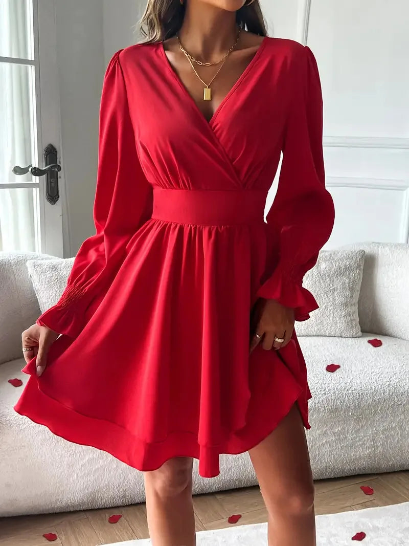 Dresses 2025 Woman Clothing V Neck Lantern Sleeve Wrap Mini Dress Ruched High Waist Elegant For Autumn Party Dress Vestidos