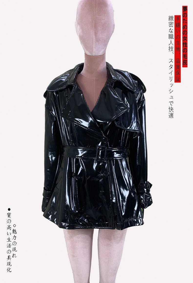 Nerazzurri Spring Autumn Oversized Thin Shiny Reflective Patent Leather Trench Coat for Women Double Breasted European Fashion