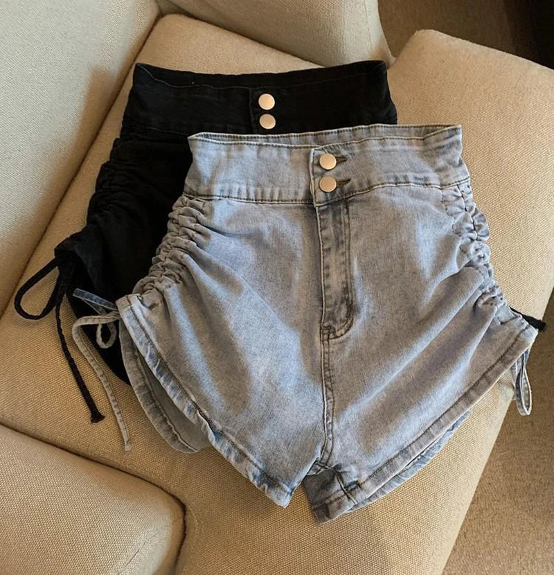 Zoki Sexy Shirring Slim Denim Shorts Women Fashion Korean High Waist Casual Shorts Summer Button All Match Harajuku Shorts New