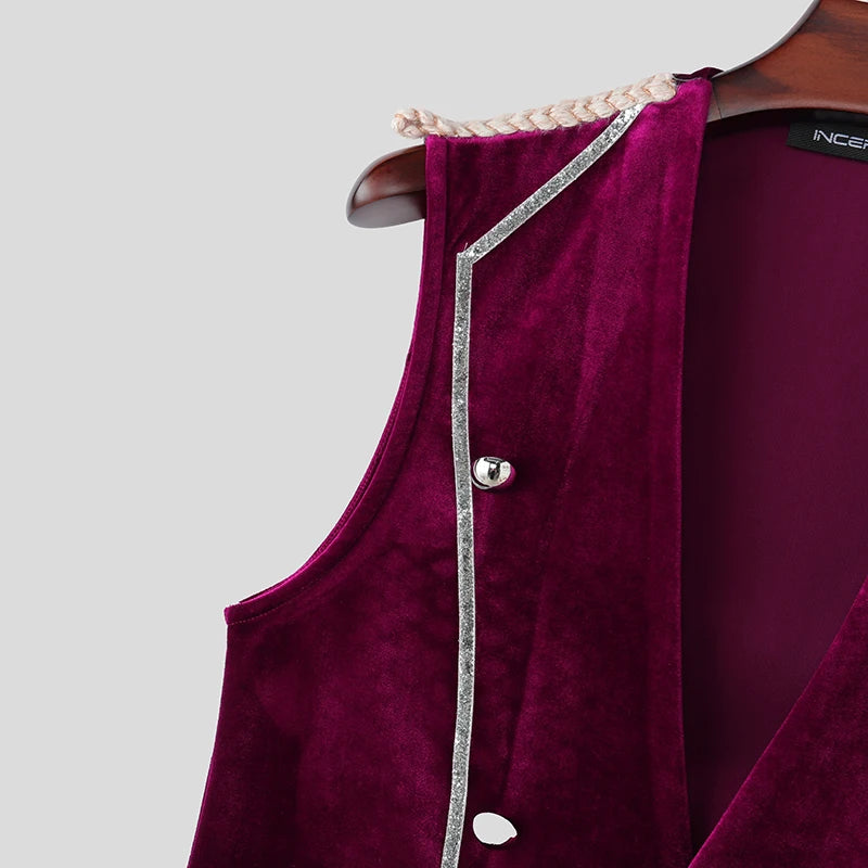 INCERUN Men's Vests Velour Patchwork Lapel Sleeveless Button Male Waistcoats Elegant Streetwear Fashion Casual Vests For Man