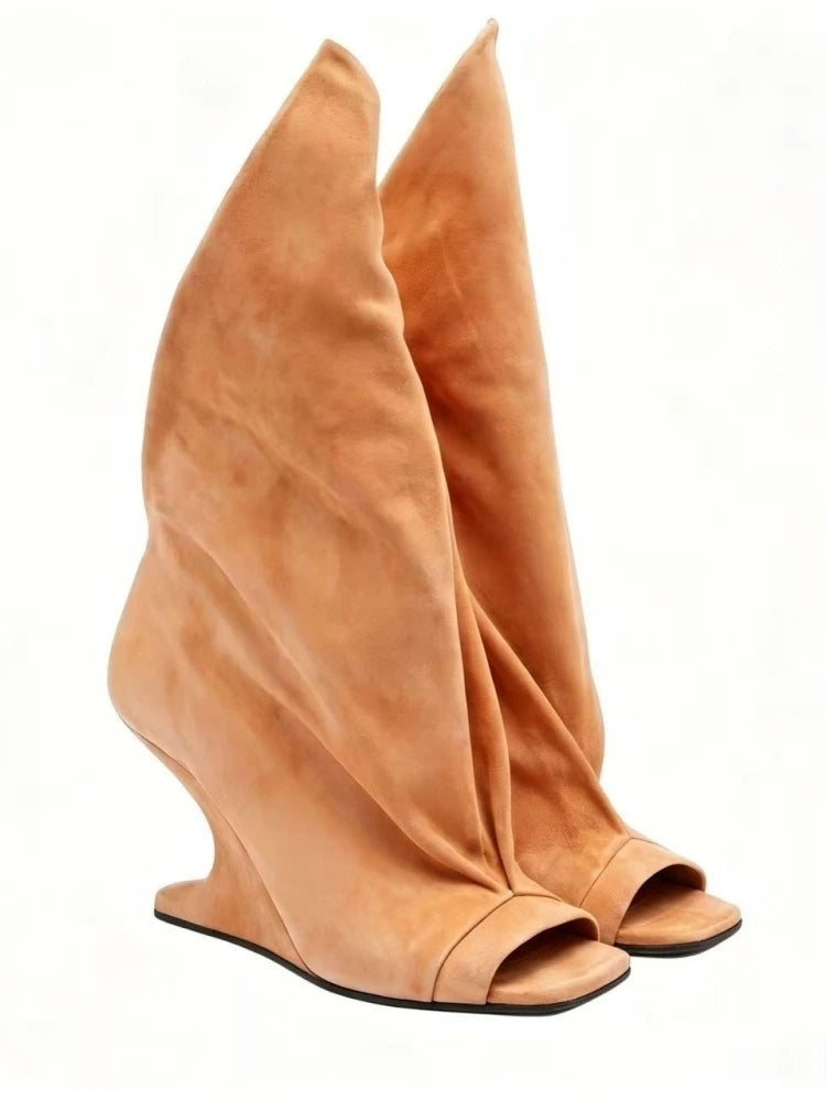 Runway Style Women Peep Toe Tall Boots Sculptural Wedge Heel Draped Pleated Upper Trendy Evening Statement Fashion Footwear