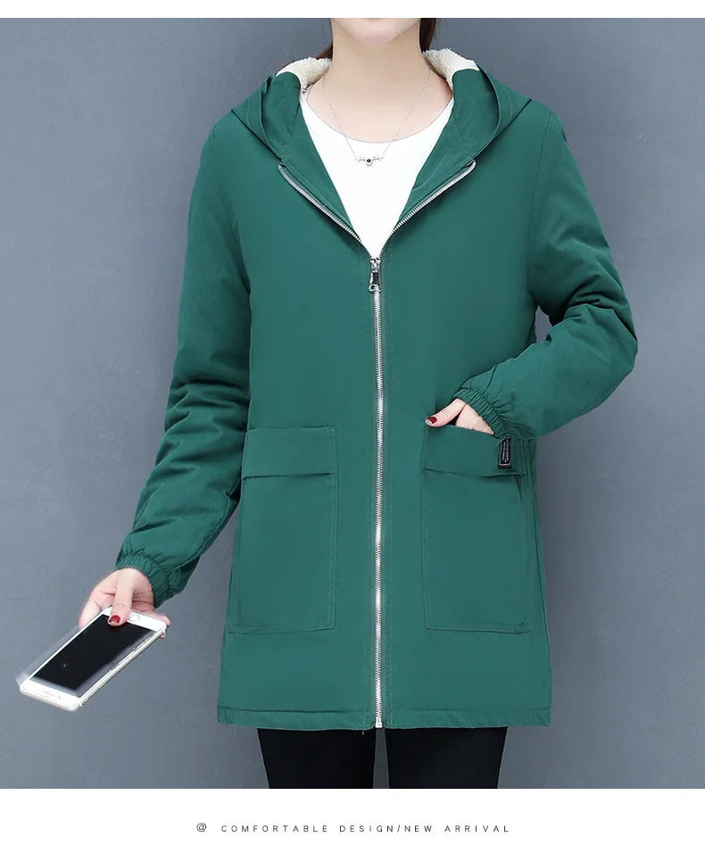 2023 Autumn Winter New Thick Warm Lamb Wool Cotton-padded Coat Women's Mid-length All-fit Loose Hooded Female Blouse