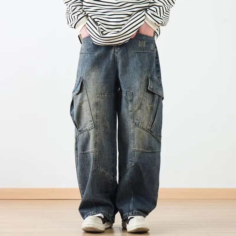 Retro American Washed Heavyweight Patchwork Wide Leg Men's Jeans Casual Loose Workwear Trousers with Multiple Pockets