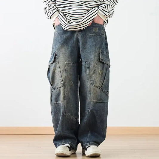 Retro American Washed Heavyweight Patchwork Wide Leg Men's Jeans Casual Loose Workwear Trousers with Multiple Pockets