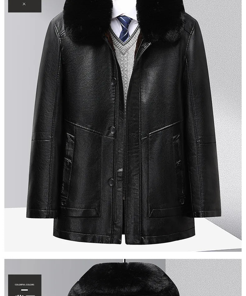 Leather Jacket Men Winter Jacket Men Medium Length Plush Thickened Leather Coat for Men Fur Collar Windbreaker for The Elderly
