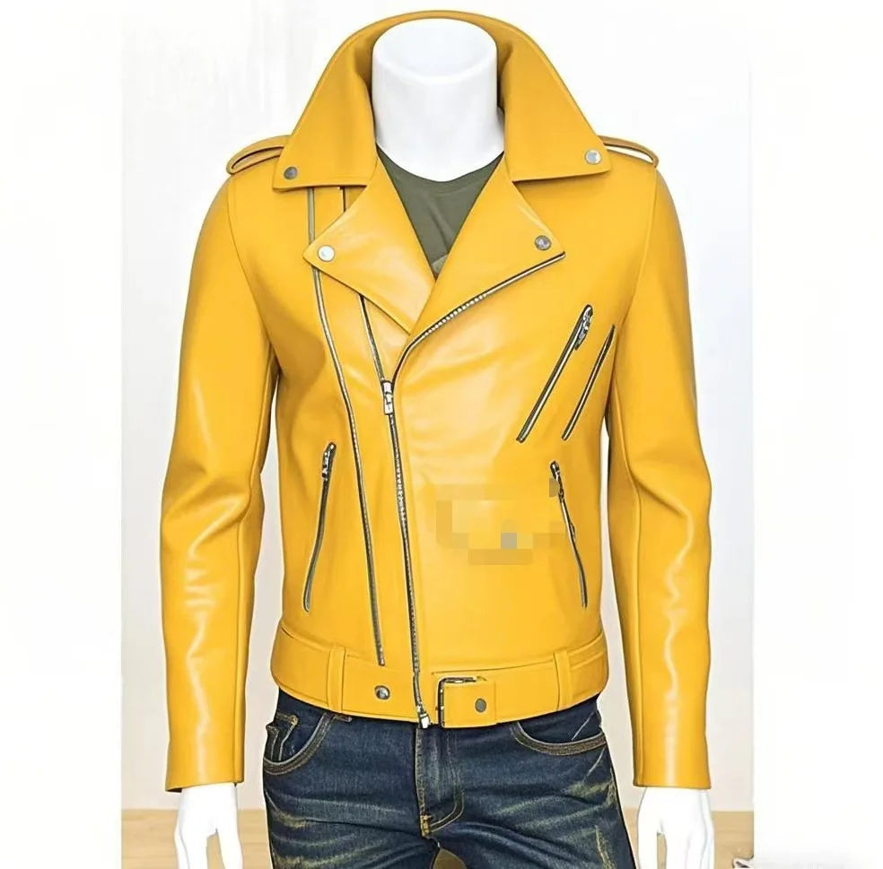 Winter and Autumn Men's Oversized Button-down PU Leather Coat with Multiple Zippers Polo Jacket, with Many Zippers