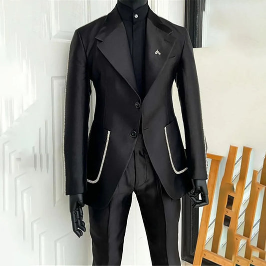 Black Men's 2 Piecs Suits Blazer Pants Single Breasted Daily Work Business Casual Party Suit Set Traje De Hombre Elegante