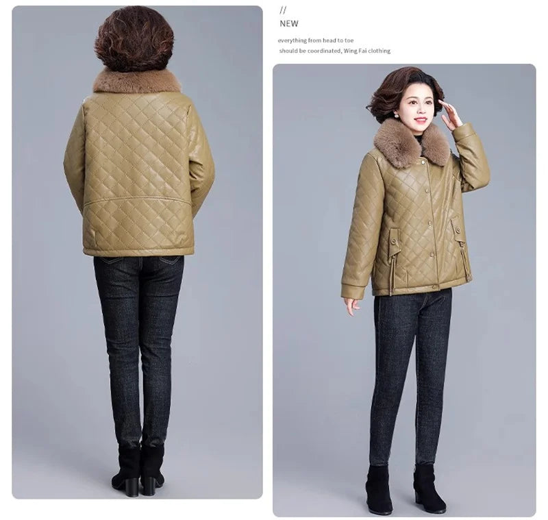 High End Middle Aged Women's Leather Jacket Winter New Thicken Warm Big Fur Collar Faux PU Leather Coat Female Outerwear 5XL