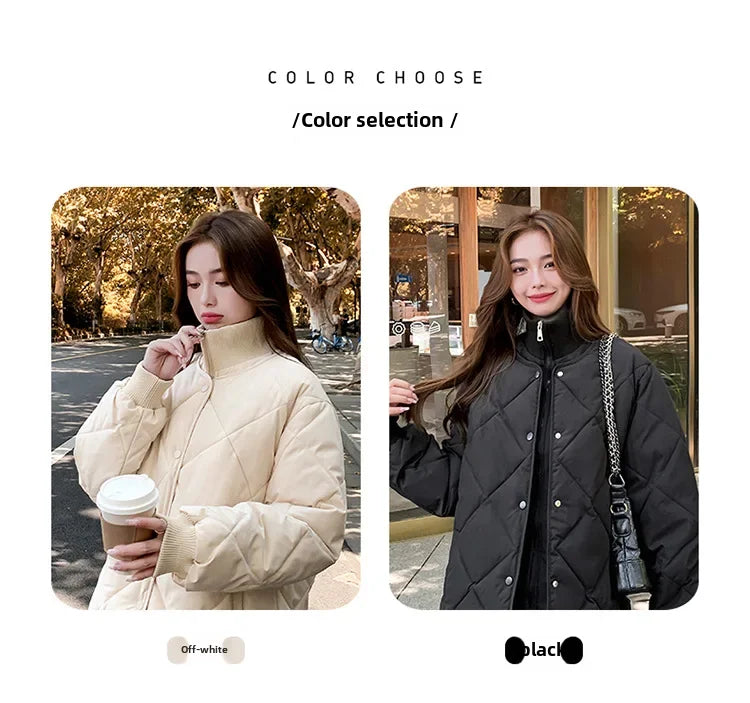 2024 Korean Style Argyle Spliced Down Coat Petite Cropped Warm Stand Collar Cotton Padded Jacket For Women Long Sleeves