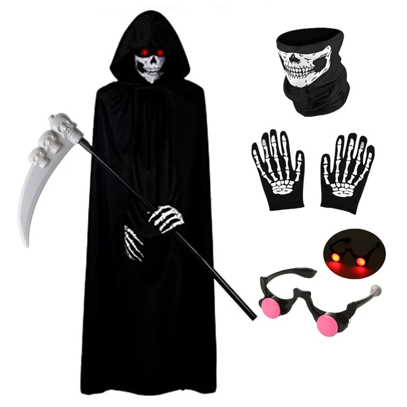 Scary Halloween Costumes for  - Red-eyed Reaperwith Hood and Scythe Easter Cape with Scythe and Glowing Glasses