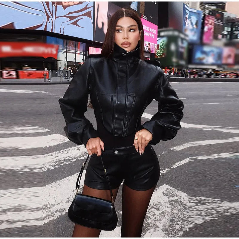 Street Women's Cropped Leather Jacket Slim Stand Collar Long Sleeve Zipper Irregular Hem Coat 2026 Autumn Lady Chic Otwear