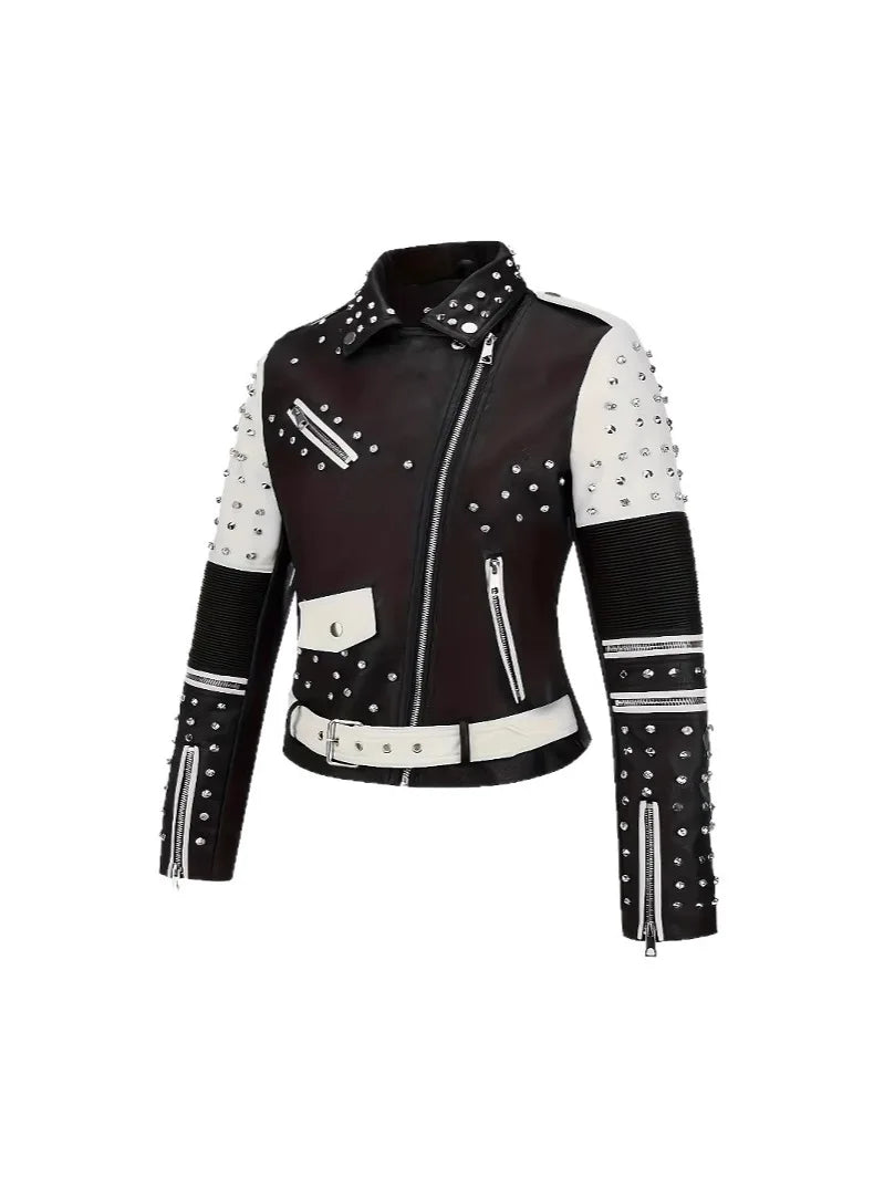 Luxury  Studded Leather Jacket, Motorcycle Slim Fit Punk Rock Women's Diamond Zipper Multi-Pocket Jacket zipper Coat Outwea