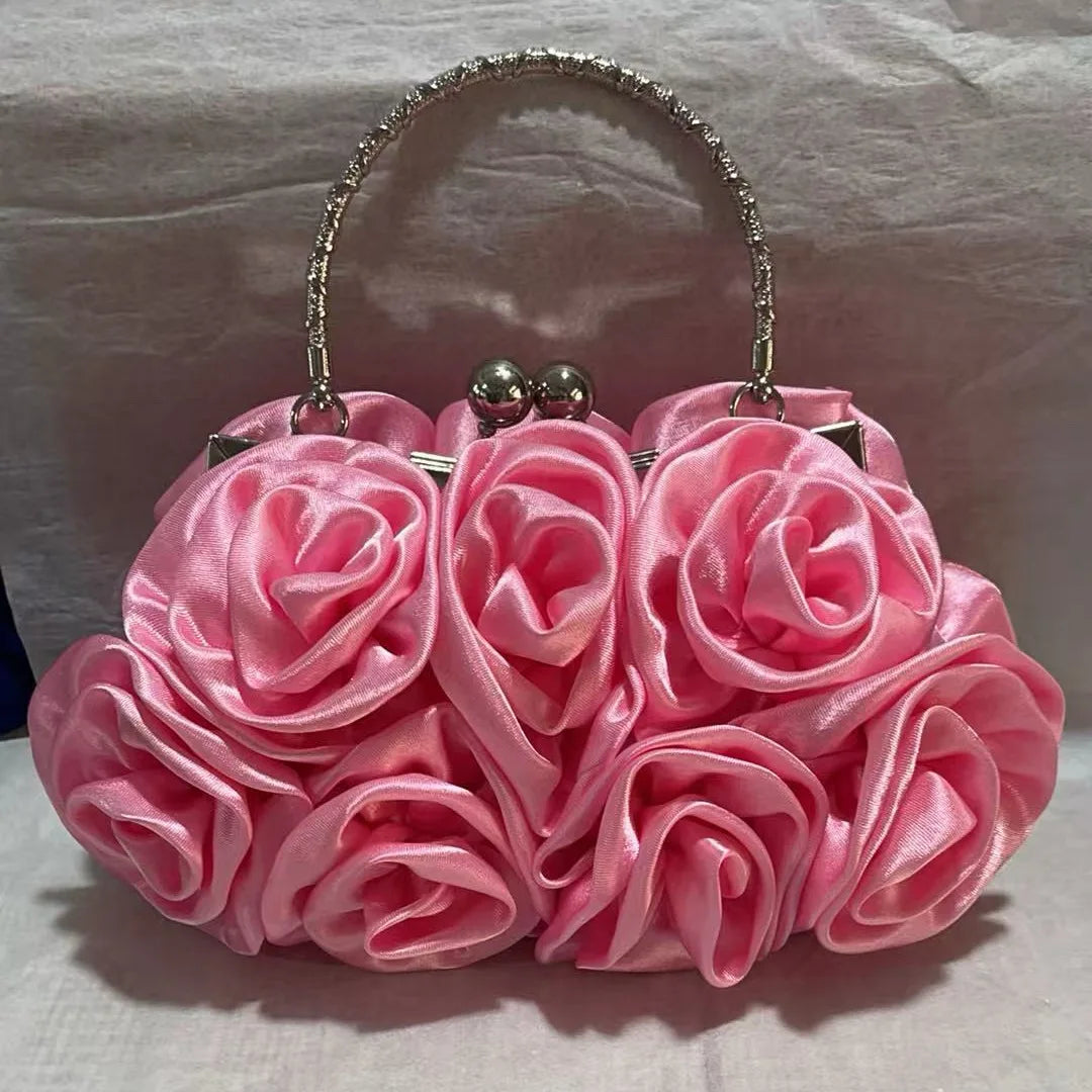 Satin Flower Clutch Bags For Women Banquet Party Evening Bags Metal Handbags Retro Blue Silver Black Chain Shoulder Bag female