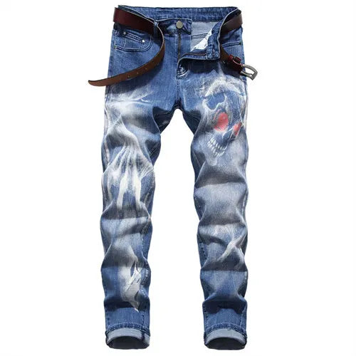 Blue Men's Jeans 3D Digital Print Stretch Denim Pants Blue Black White Trousers Men Fashion Slacks 28-34 36 38 40 42