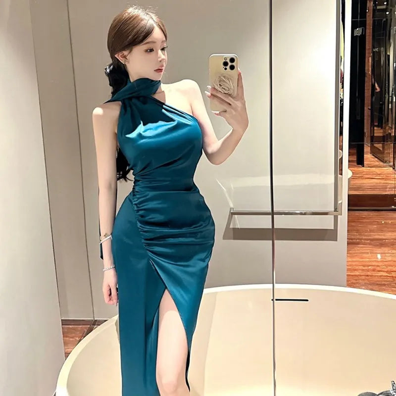 Summer Korean Fashion Sexy Club Robe Women's Sleeveless Irregular High-slit Bodycon Dress Elegant High End Party Evening Dress